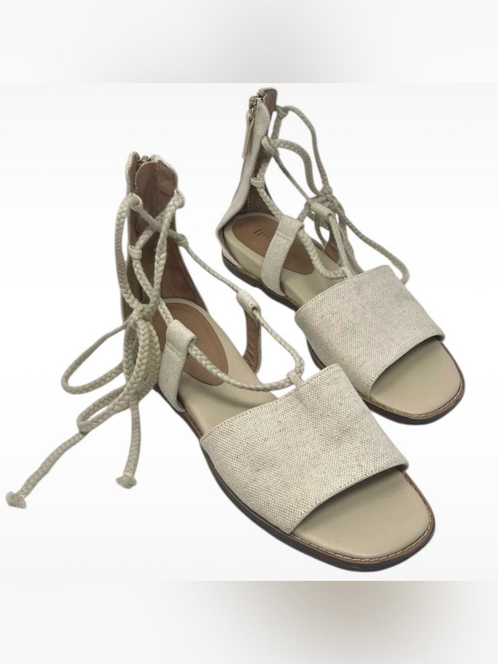 J.Jill “Evonne” Canvas Ankle Tie Wrap Demi Wedge Sandals Cream Flax Womens 7.5